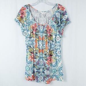 Christopher & Banks Tropical Smocked Short Sleeve Knit Top‎ Size XL Floral Birds